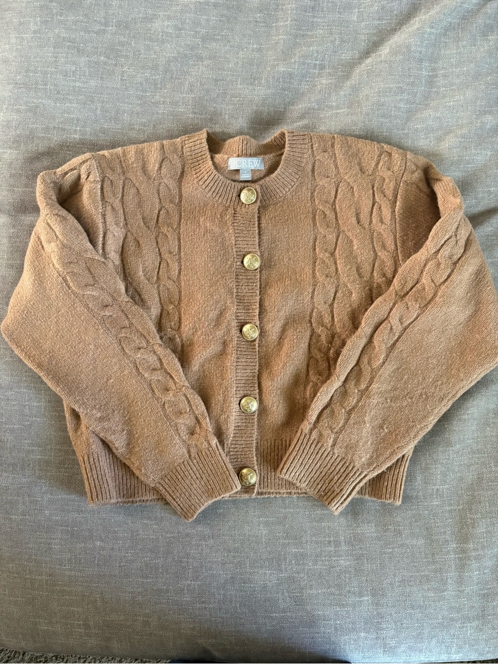 J. Crew Camel Cable-Knit Gold-Button Cardigan